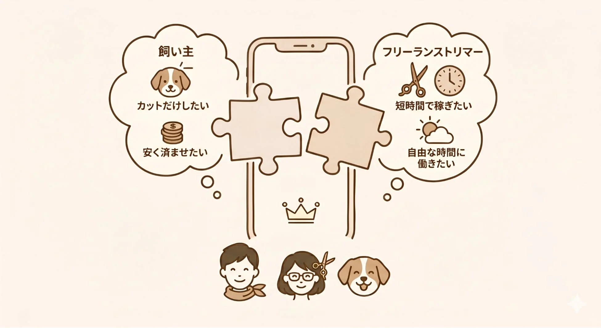 飼い主とフリーランストリマーのニーズをスマートフォンアプリで繋ぐマッチングサービスを表すイラスト。飼い主は安価なカット、トリマーは短時間・自由な時間に働きたいという双方の希望が叶うことを示唆しています。