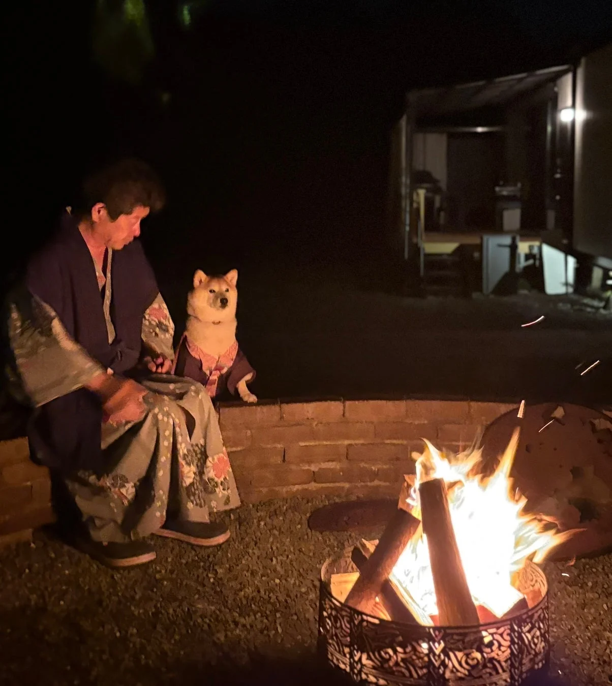 夜の屋外で、着物姿の人物と可愛らしい柴犬が焚き火を囲んでいます。