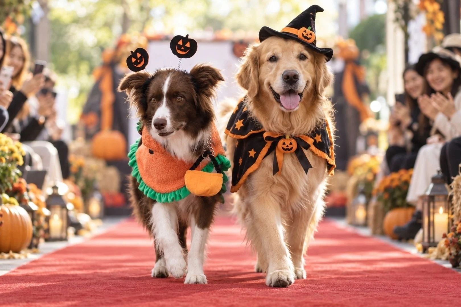 ハロウィンの仮装をしたゴールデンレトリバーとボーダーコリー