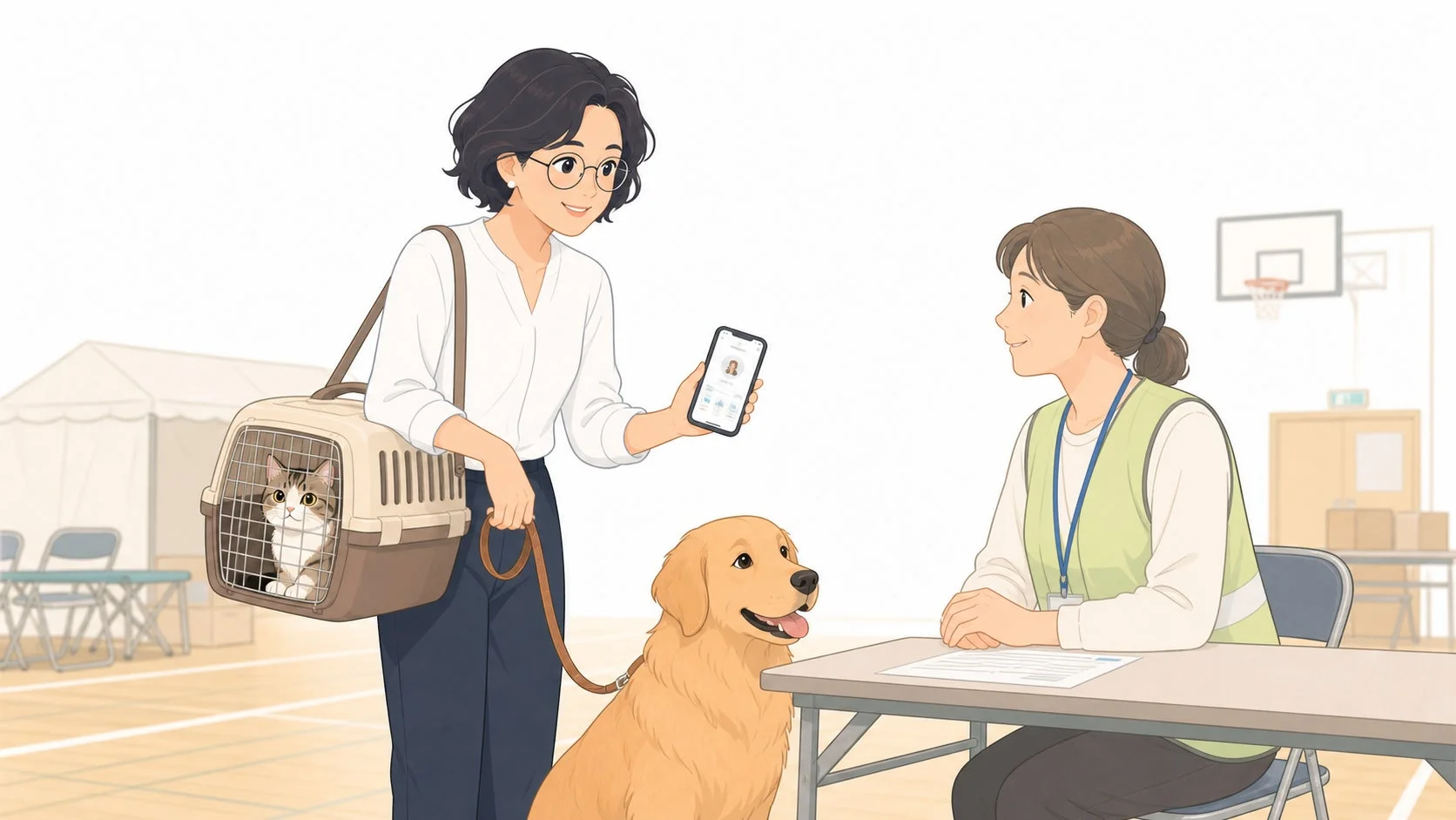 避難所でスマホを見せる女性とペット