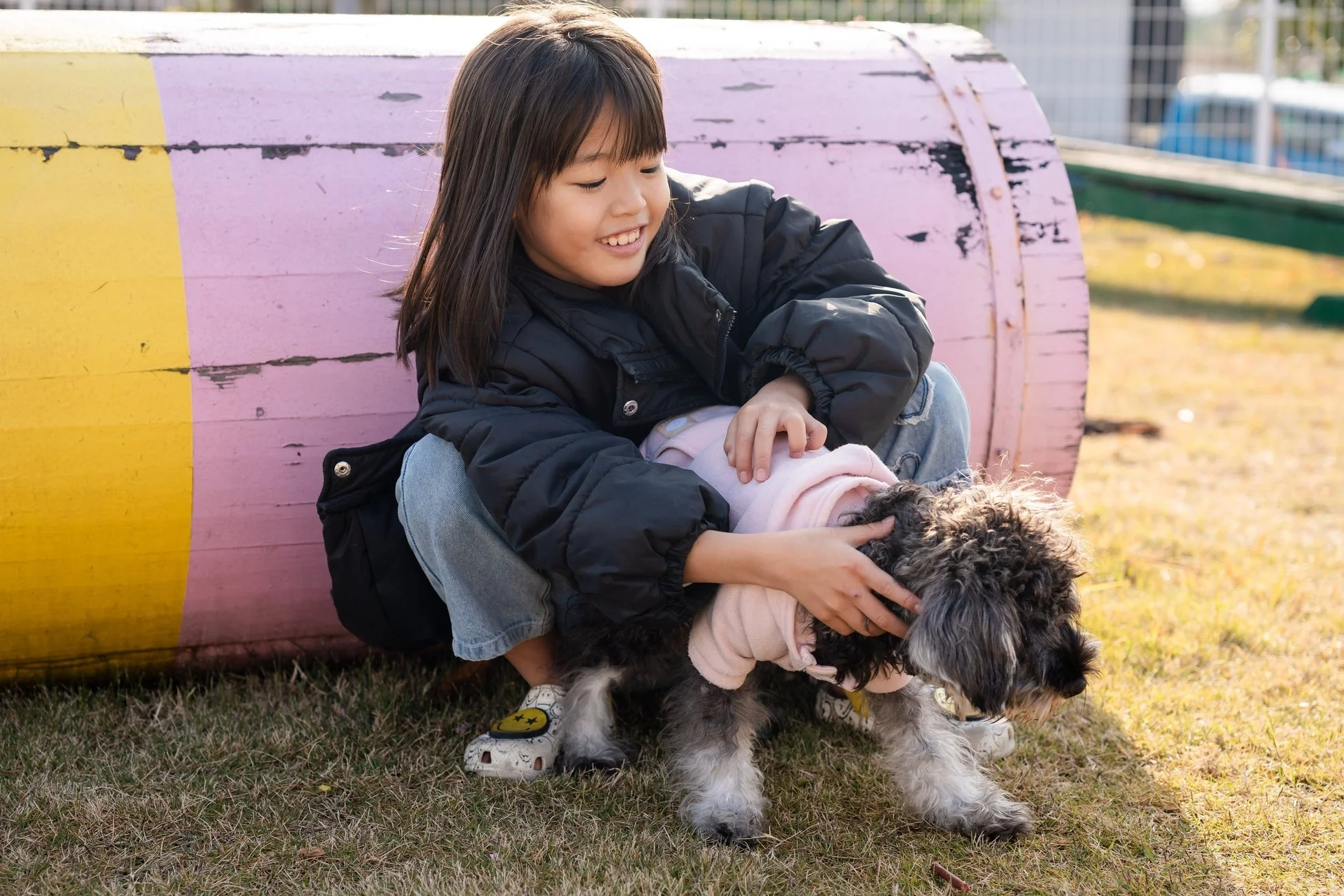 笑顔の女の子が屋外の公園で、ピンクの服を着た小型犬を優しく撫でています。背景には黄色とピンクに塗られた大きな物体があり、温かい日差しの中で子供と犬の幸せな触れ合いが描かれています。