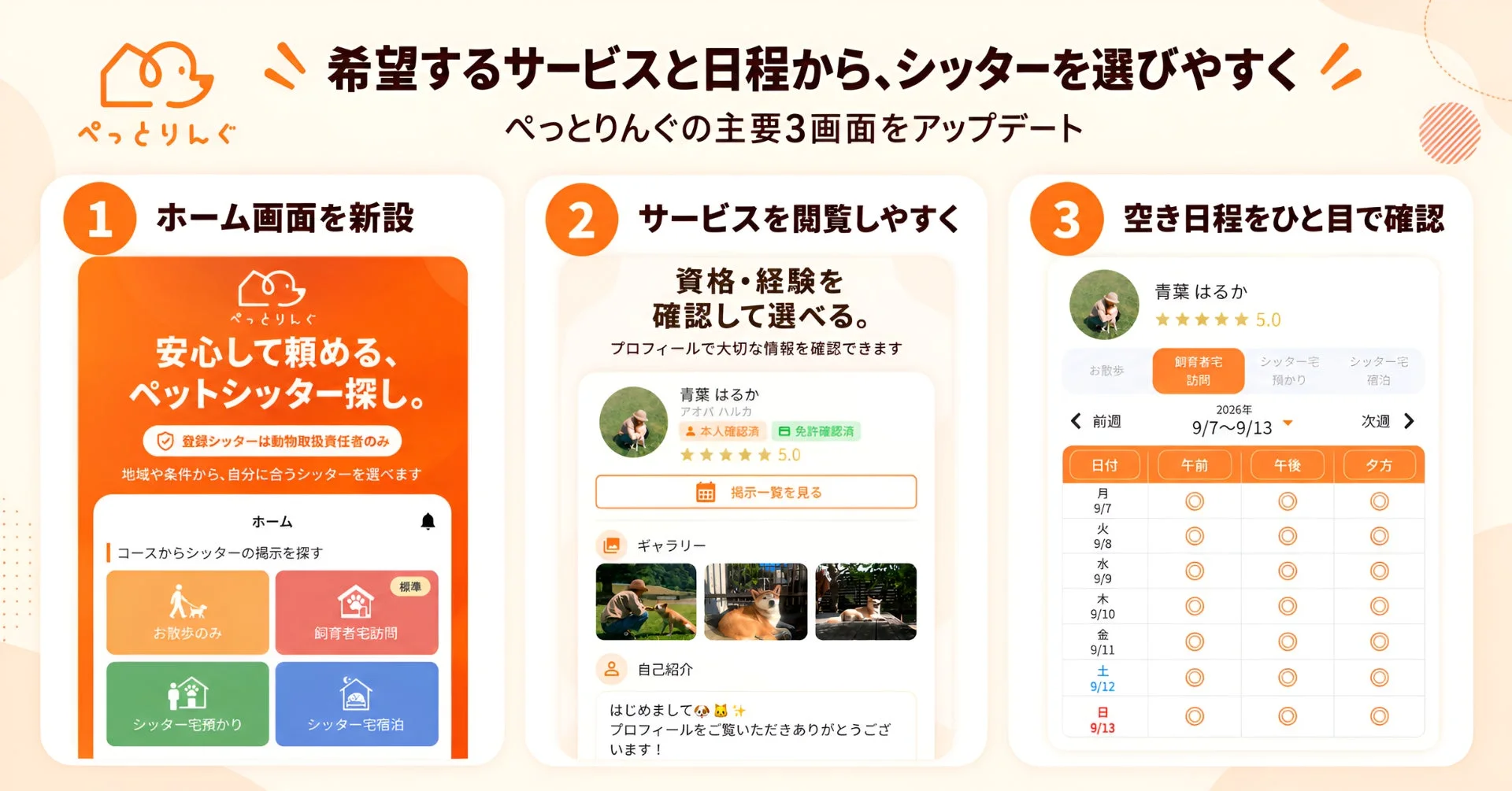 ぺっとりんぐ 希望するサービスと日程から、シッターを選びやすく ぺっとりんぐの主要3画面をアップデート