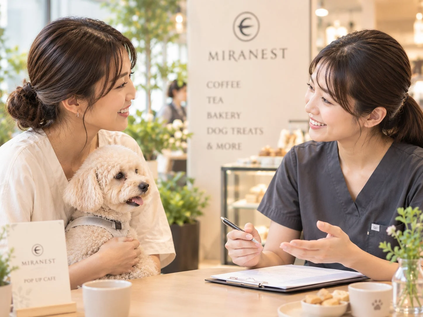 ドッグカフェのような空間で、女性客が愛犬のトイプードルを抱き、店員と笑顔で会話している。書類を見ながら相談している様子で、和やかでペットフレンドリーな雰囲気が伝わる。