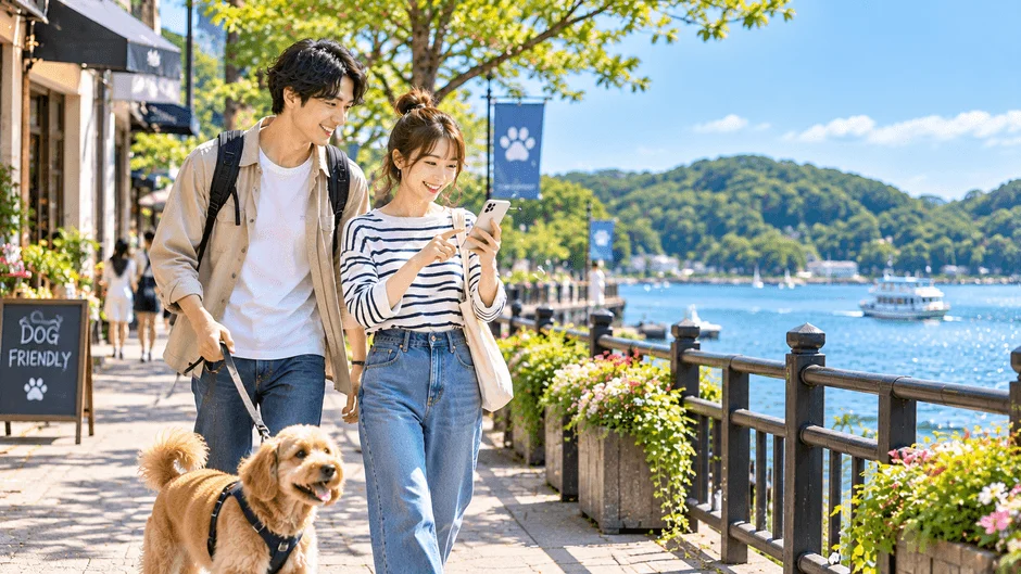 晴れた日に湖畔の遊歩道を愛犬と散歩する若いカップルの様子。女性はスマートフォンを操作し、男性は犬のリードを持っている。背景には美しい湖と山々が広がり、ドッグフレンドリーな雰囲気が伝わる。