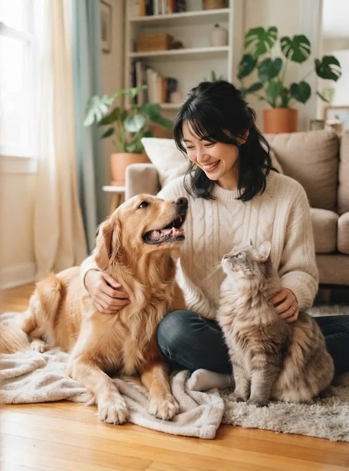 女性が犬と猫を撫でている様子