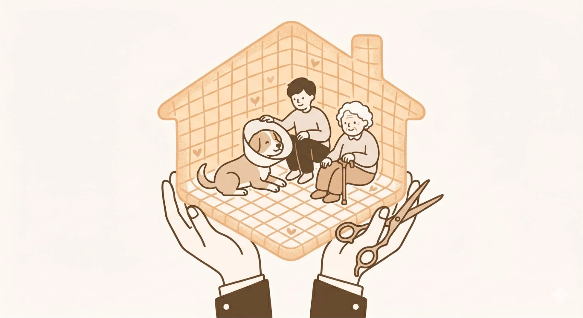 両手が家型の空間を支え、中に若者、高齢者、エリザベスカラーをつけた犬が描かれたイラスト。家族とペットへのケア、支え合い、そしてハサミが示すサービスや美容の側面を表現しています。