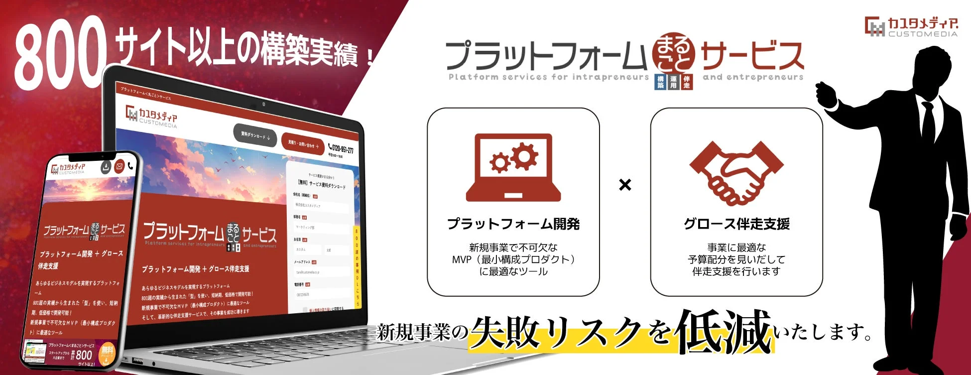 カスタムメディアが提供する「プラットフォームまるごとサービス」の広告です。800サイト以上の実績を活かし、プラットフォーム開発とグロース伴走支援を通じて、新規事業の失敗リスクを低減し、事業成功をサポートします。