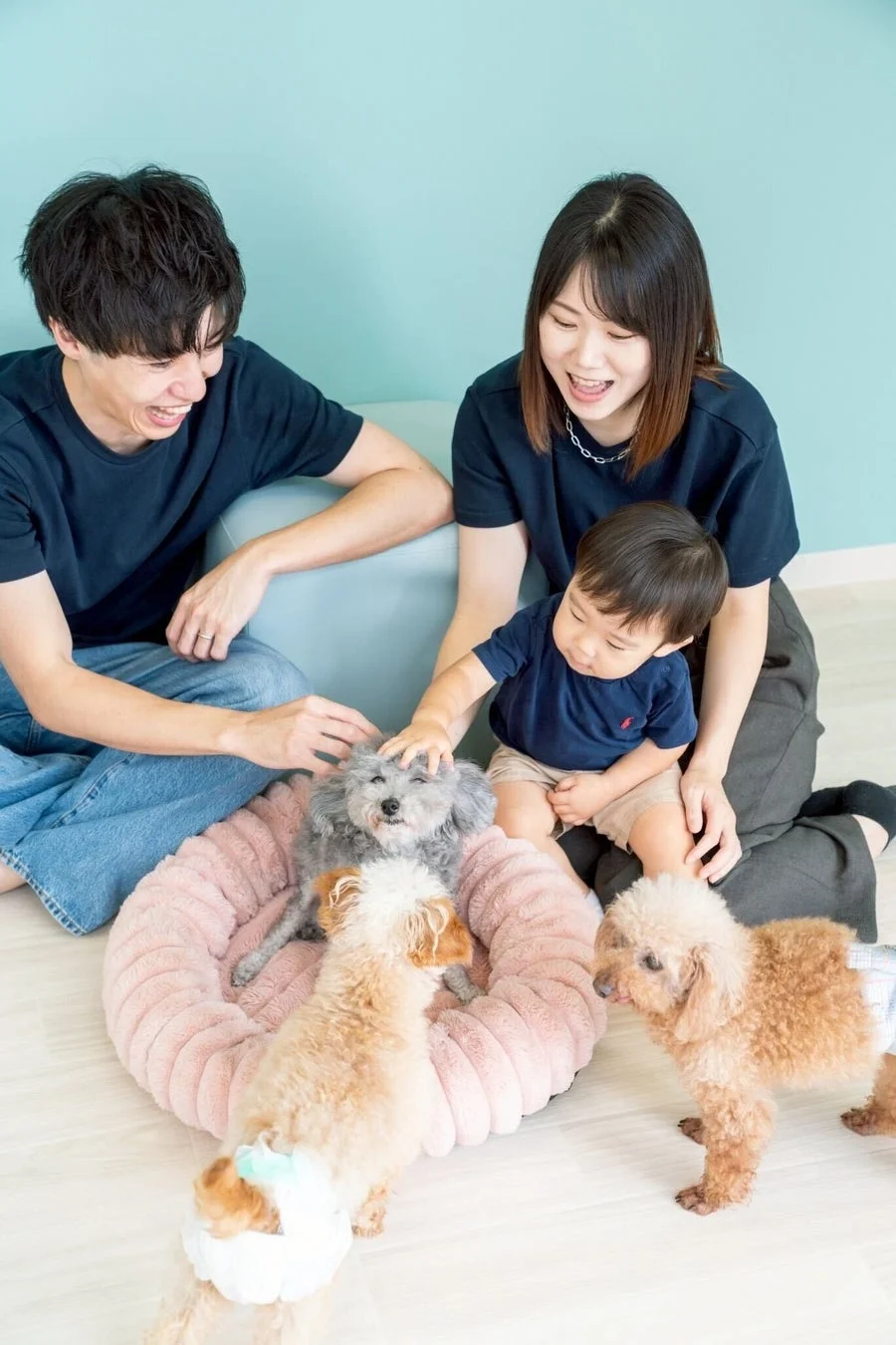 家族と犬が触れ合う様子